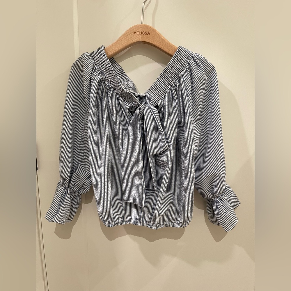 Renée Blue & White Striped Bow-Tie Blouse – Size S